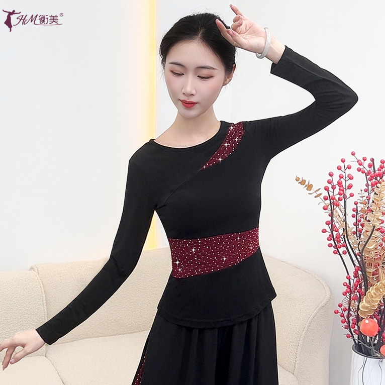 新款现代舞形体练功服修身圆领拼接贴钻设计古典舞演出练习舞服女