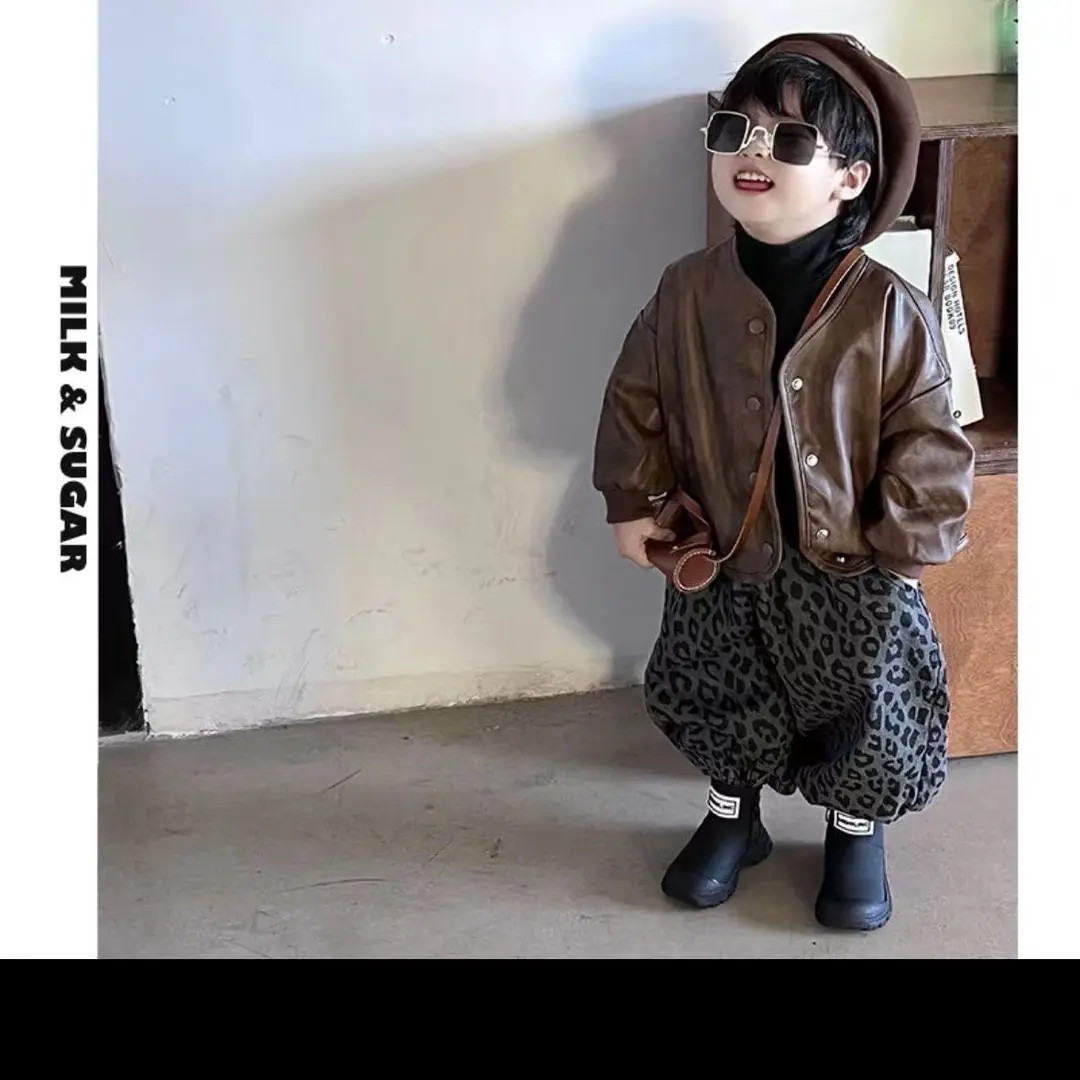 韩系男女童2025新款美拉德小皮衣百搭打底韩版豹纹灯笼裤三件套