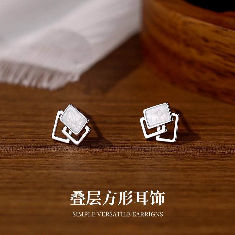 925银耳饰 叠层方形纯银耳钉气质高级优雅大方日常精致超百搭爆款