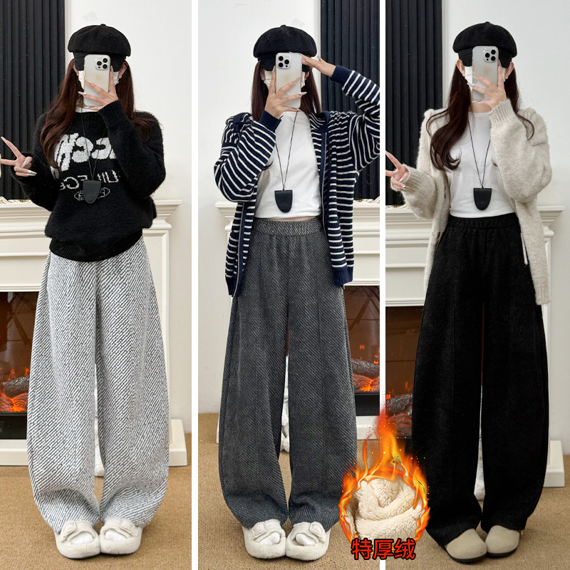 专柜高货版!秋冬季加绒雪尼尔中线亮丝小香风女士高腰弯刀阔腿裤