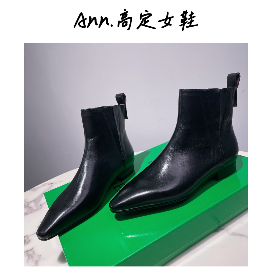 【Ann高定】2cm/头层小牛皮/尖头低跟切尔西靴一脚蹬时装短靴极简