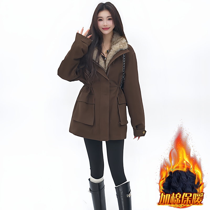韩版时尚高级感长袖棉服女2025年冬季新款收腰修身显瘦中长款外套