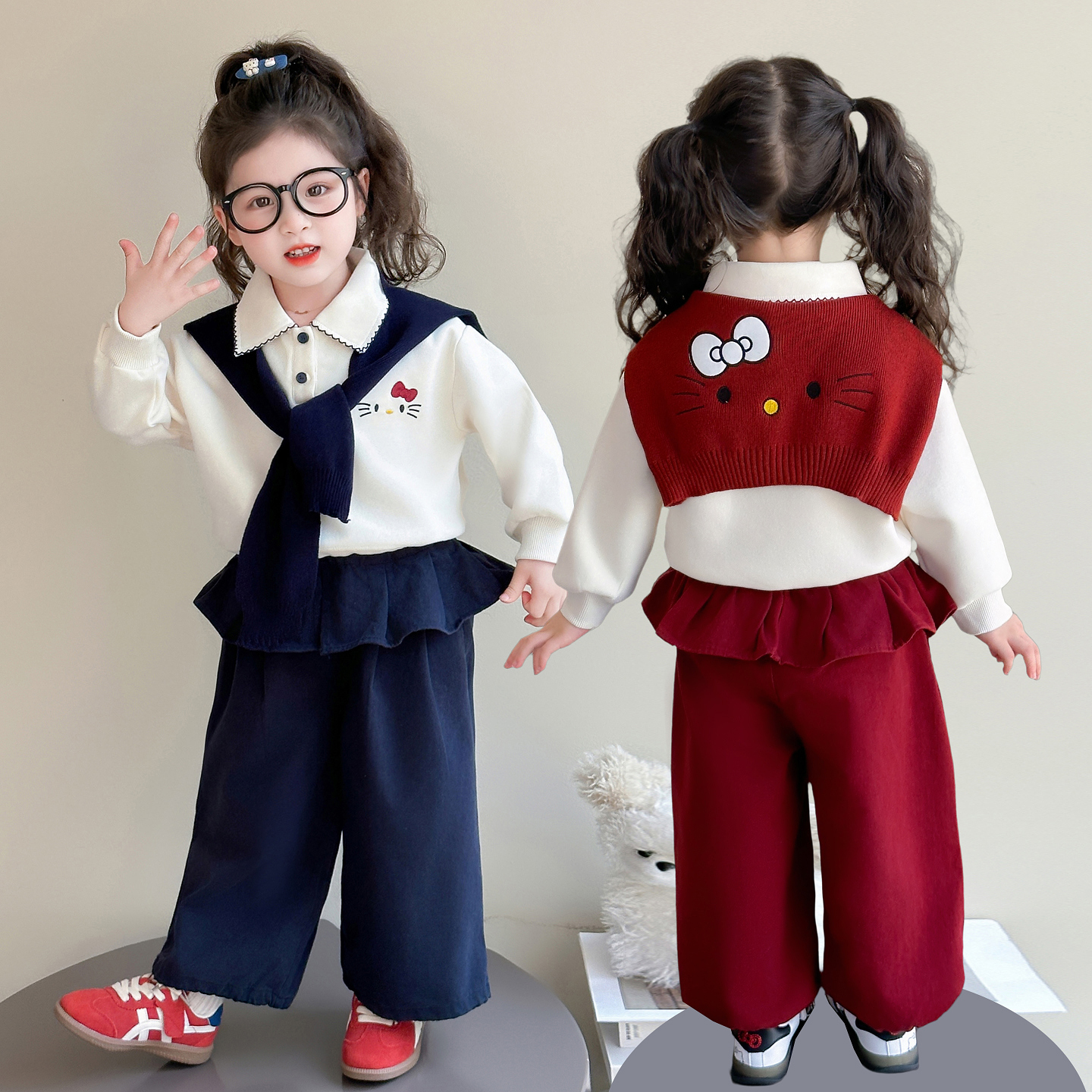女童套装秋款2025新款儿童女宝宝猫咪春秋装时髦小女孩披肩三件套