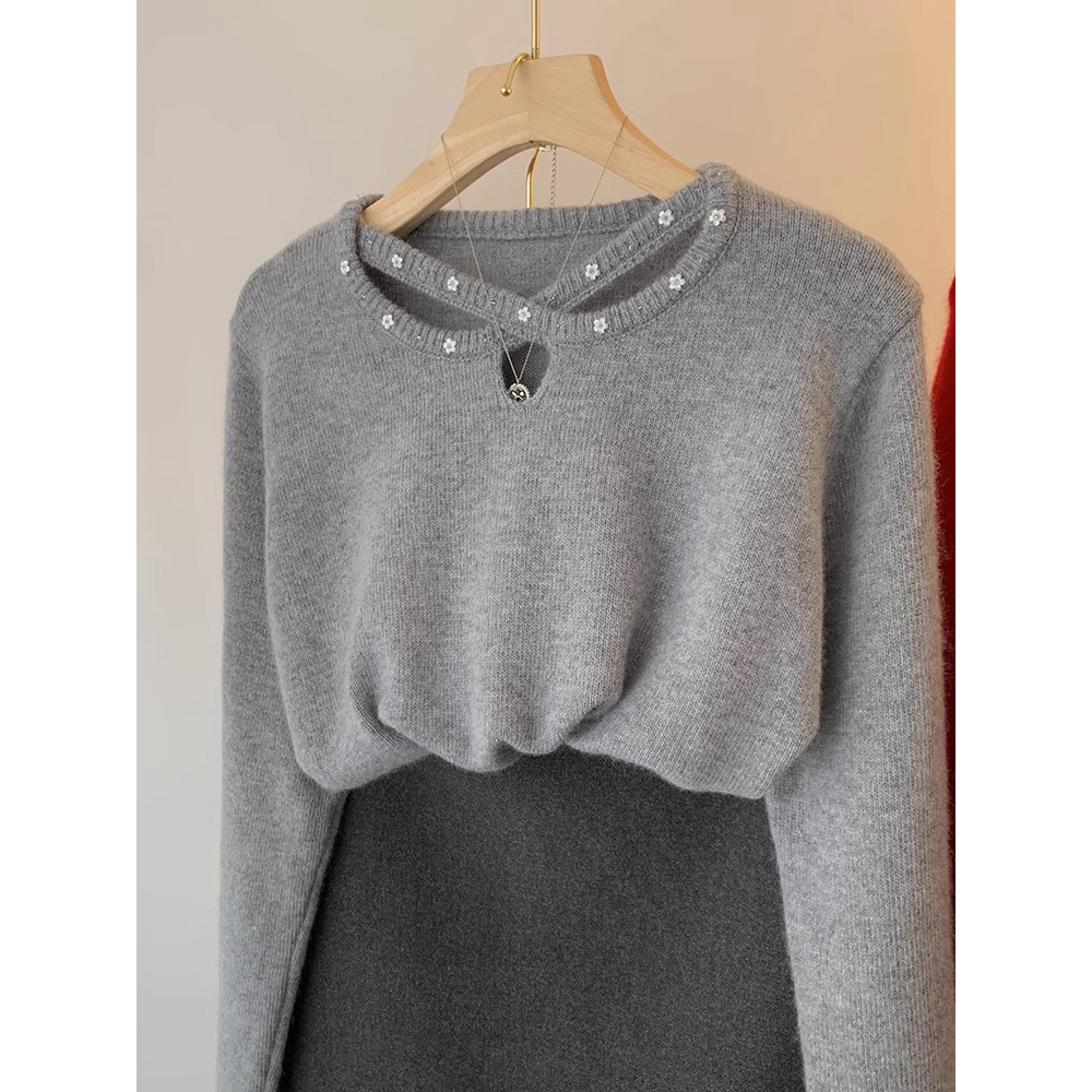 韩系灰色镂空长袖针织衫女秋冬季小个子高级感内搭打底衫软糯上衣