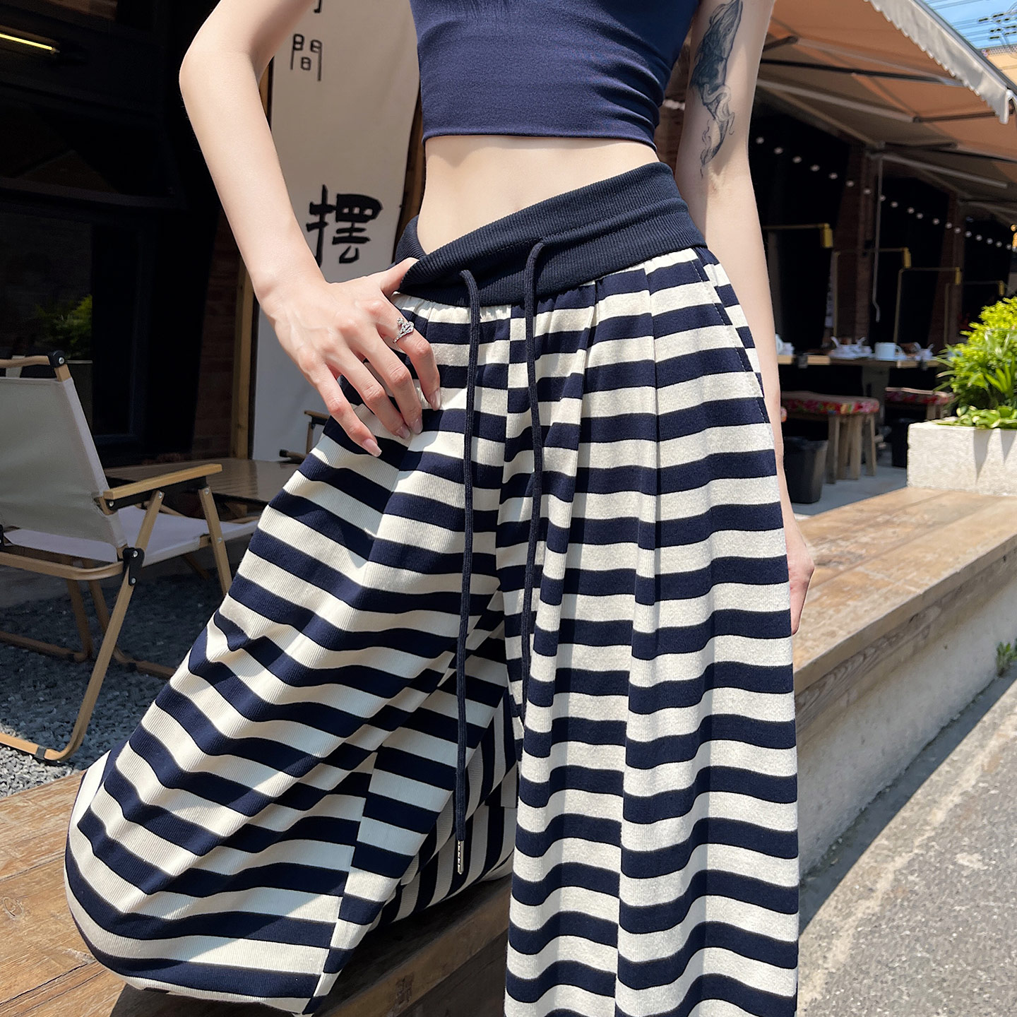 180高个子175加长版藏青色条纹阔腿裤女高腰垂感松弛感休闲遛弯裤