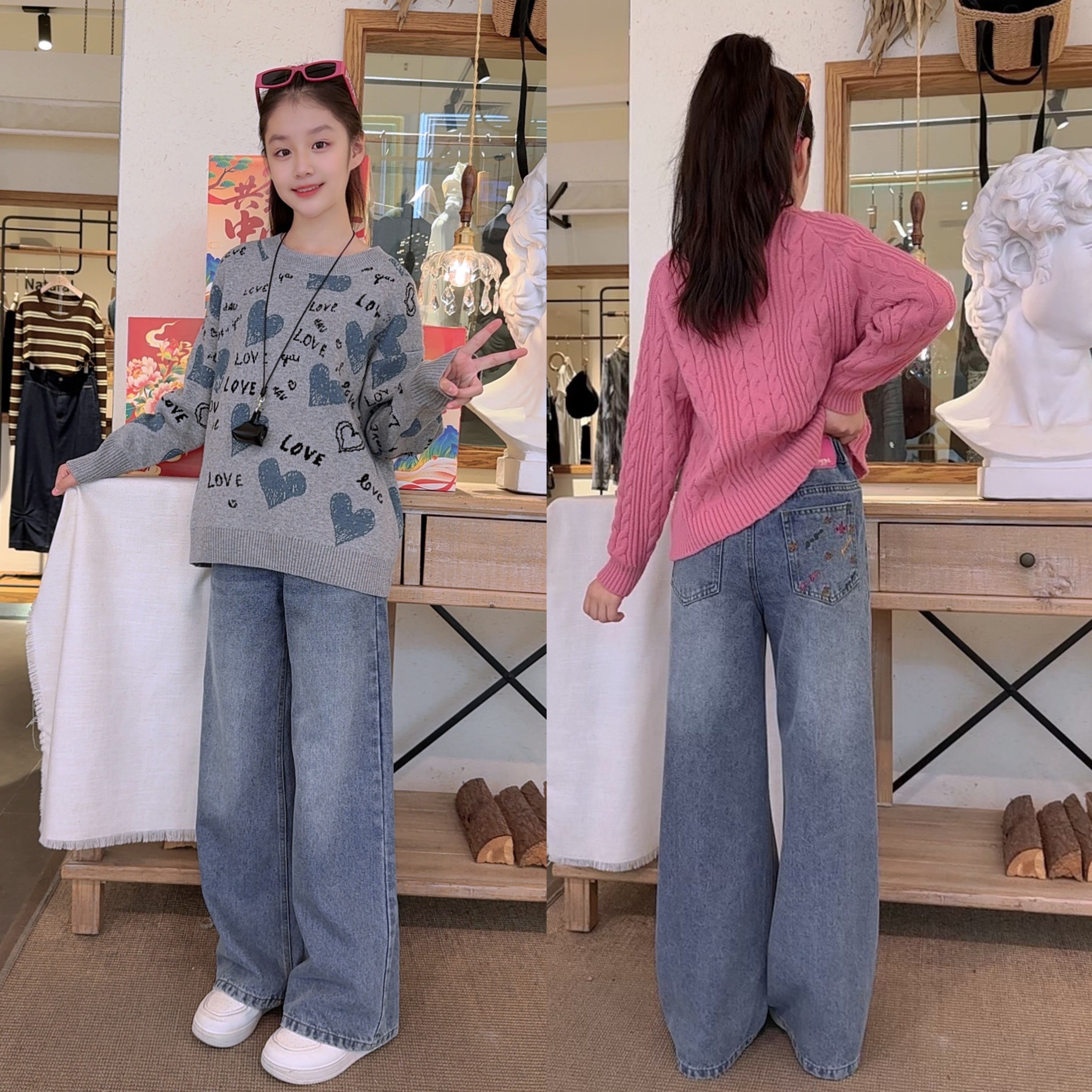 童装牛仔裤女孩秋冬毛衣森系套头常规款女童牛仔直筒裤中大童秋冬