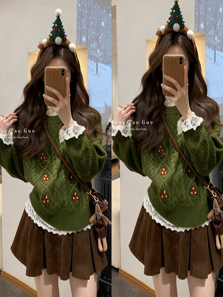 冬装搭配一整套圣诞节穿搭绿色麻花毛衣叠穿蕾丝打底衫短裙三件套