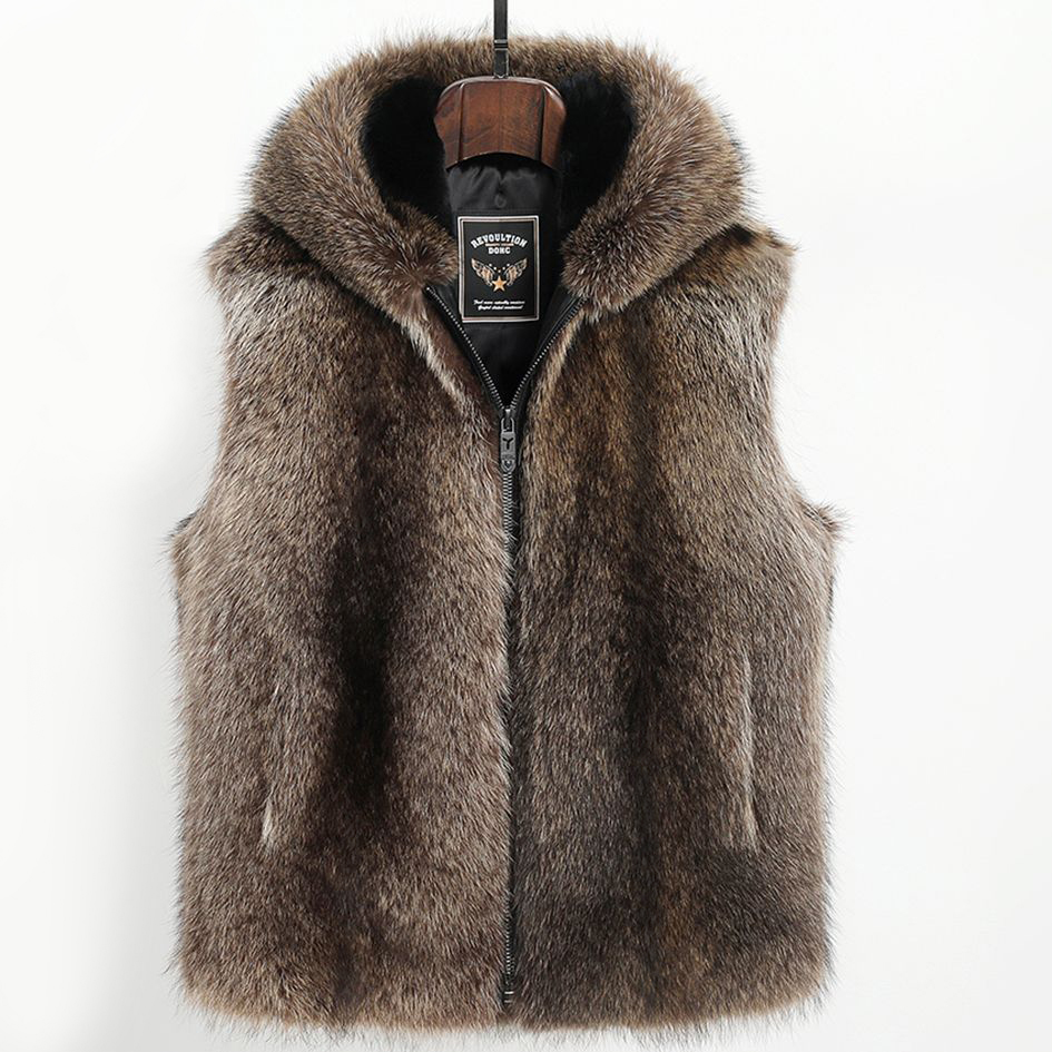 进口貉子毛皮草马甲男秋冬新款环保皮草外套连帽坎肩大码加厚背心