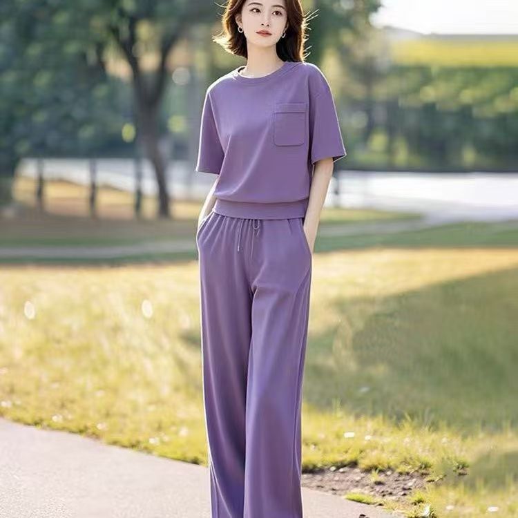 国风女装夏季新款时尚洋气休闲百搭洋气显白紫色舒适运动两件套装