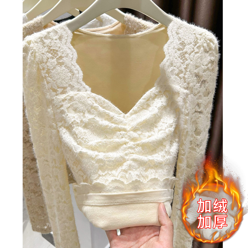 加绒蕾丝打底衫女秋冬款高级感磨毛保暖皮草内搭小衫波浪v领上衣