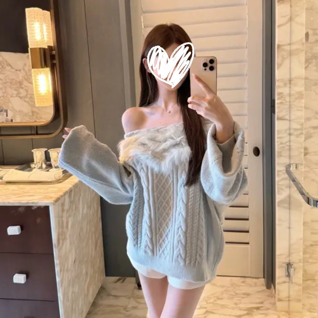 毛绒拼接长袖毛衣女秋冬宽松休闲慵懒一字肩露肩针织上衣00938