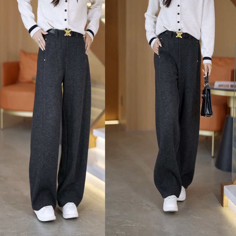 加绒加厚毛呢高腰宽松阔腿裤女2025新款冬季时尚休闲裤百搭弯刀裤