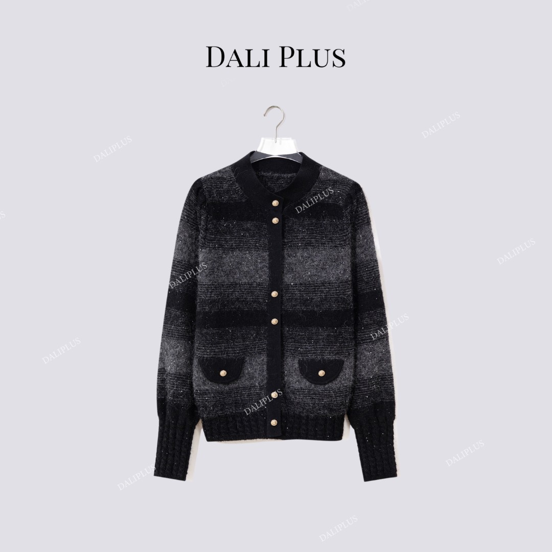 DALI PLUS“立领黑灰渐变毛衣”羊毛混纺拉毛针织女装-D5SZ8243