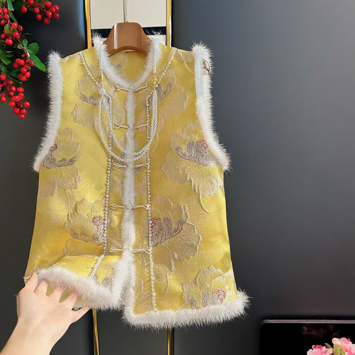 花开牡丹新中式盘扣提花加棉毛马甲女高端盘扣拼接中国风马夹38