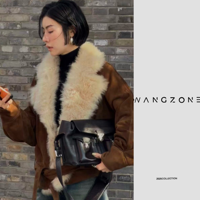 WANG ZONE | 复古大翻领羊皮束腰派克服外套