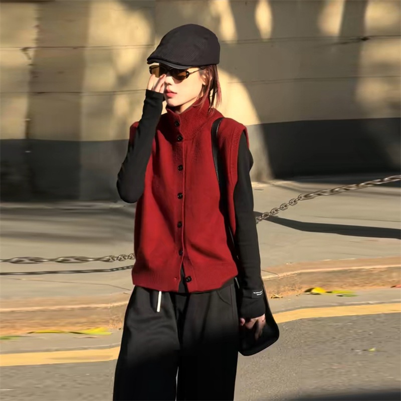 复古通勤纯色打底上衣针织马甲套装女2025春季新款宽松韩系上衣潮