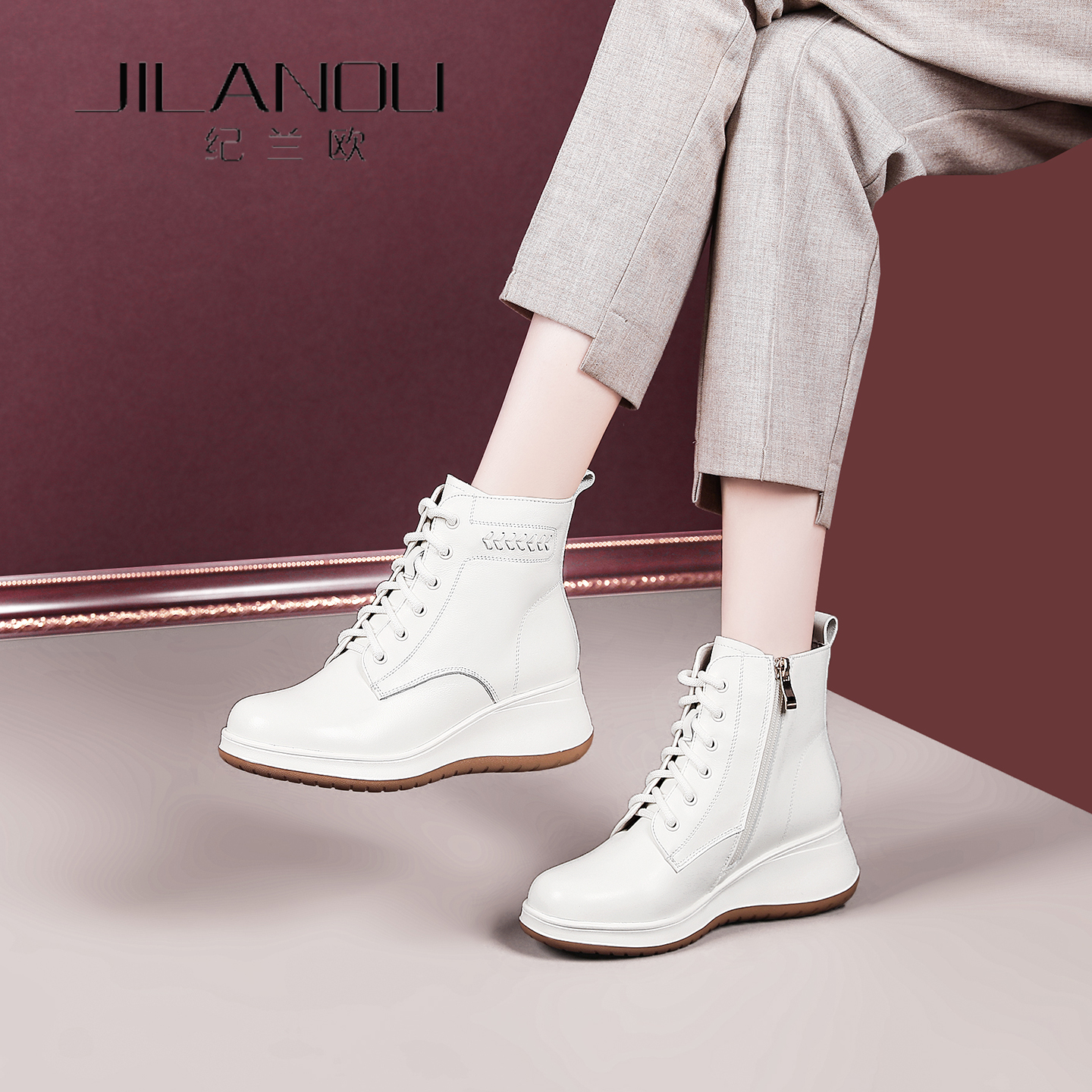 真皮厚底马丁靴女2025冬新款坡跟妈妈鞋头层牛皮短靴软底加绒靴子