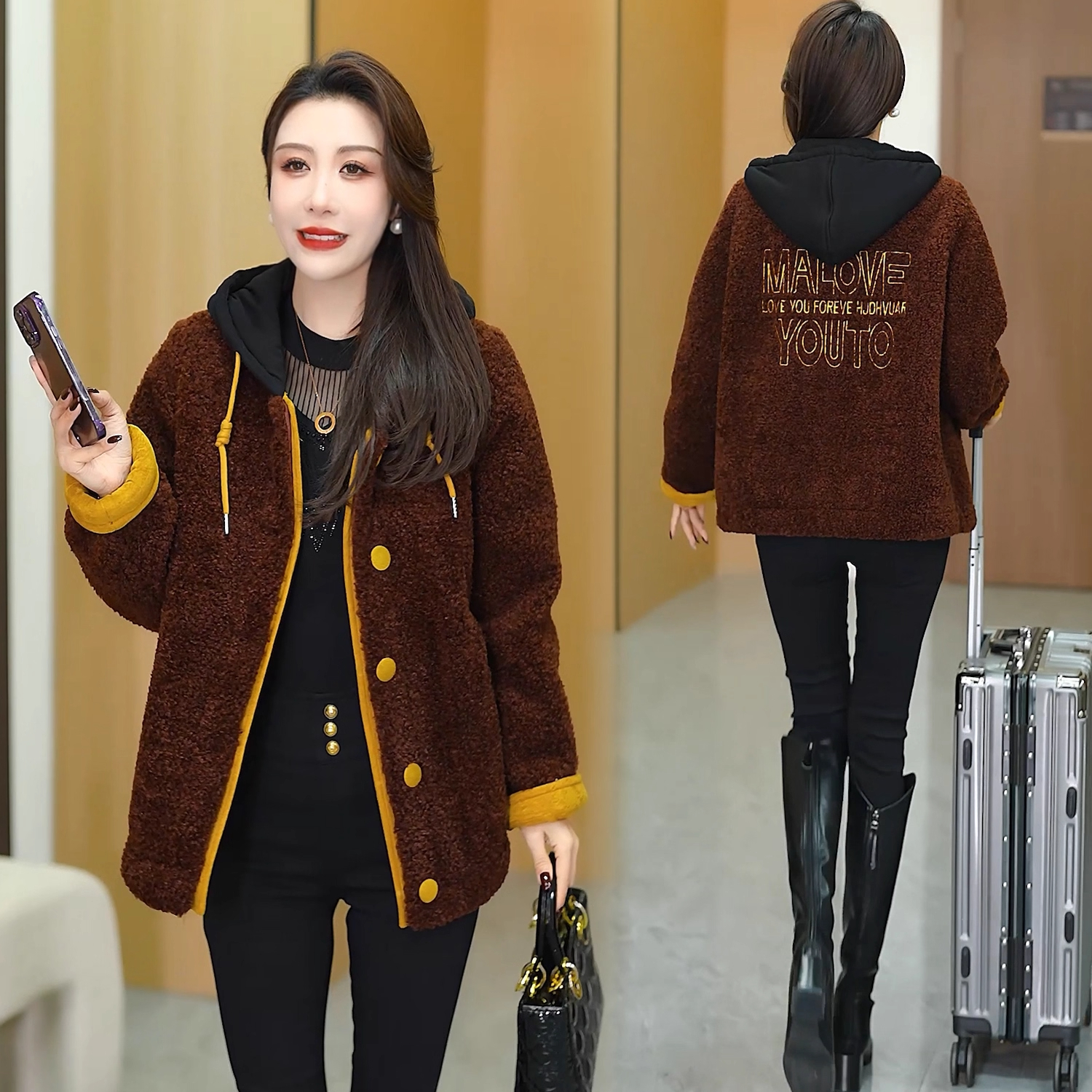 时尚加绒加厚连帽棉服外套2025冬季新款减龄宽松显瘦保暖百搭外套