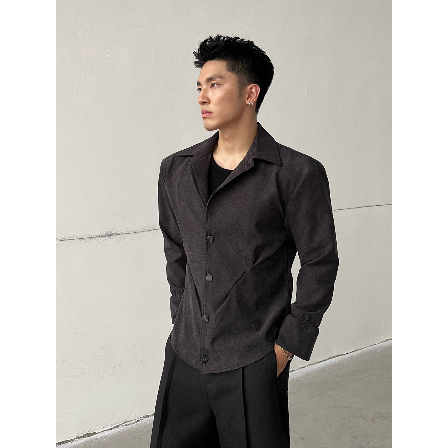 MASONSOUL 美式原创收腰衬衫外套可拆卸垫肩夹克早秋正肩版型衬衣