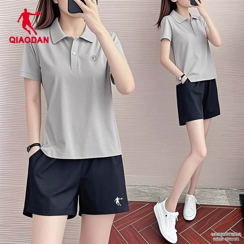 乔丹运动套装女秋季新款POLO衫跑步健身服宽松透气短袖两件套女
