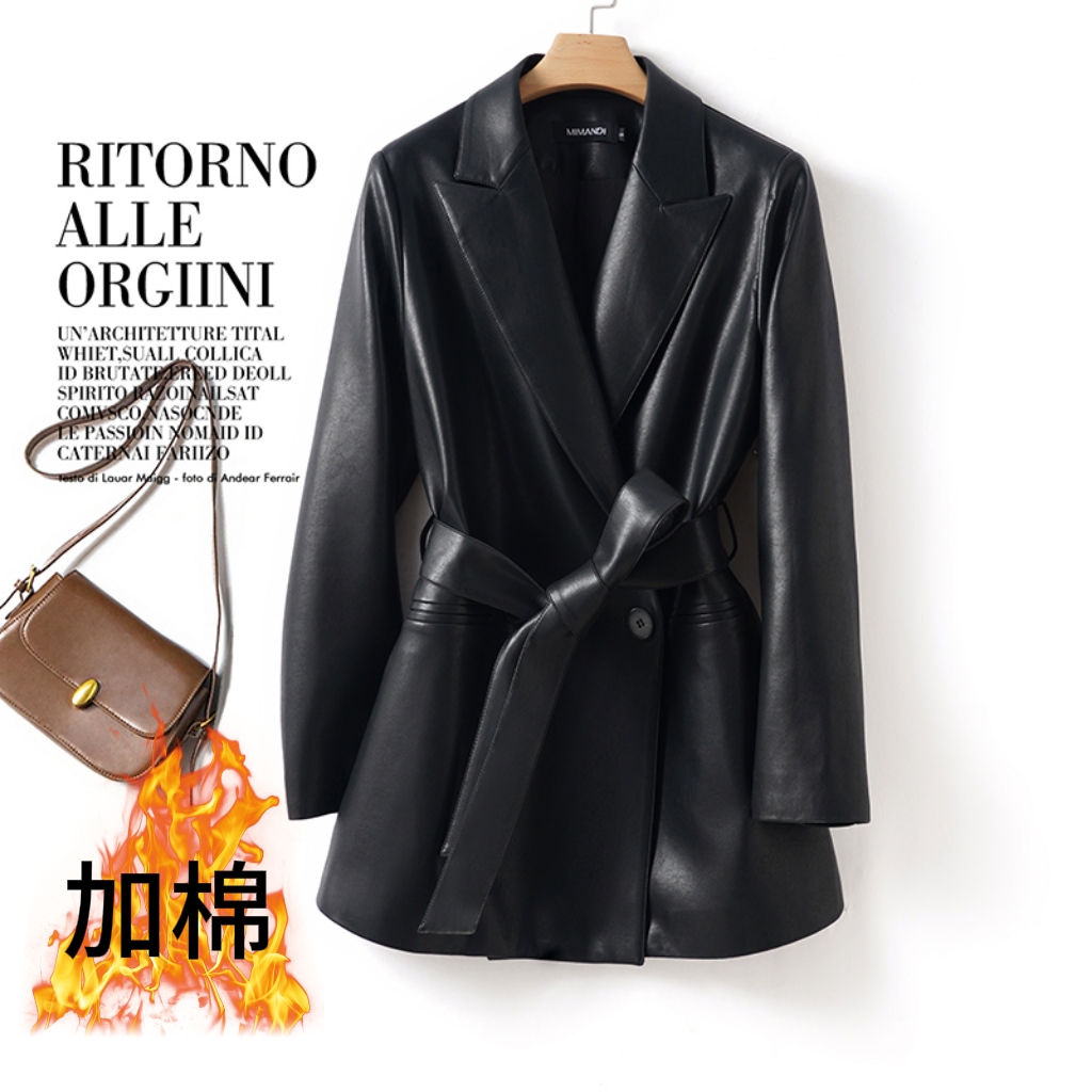 海宁真皮2025秋冬新款宽松皮衣女显瘦遮臀西装夹克加棉外套中长款