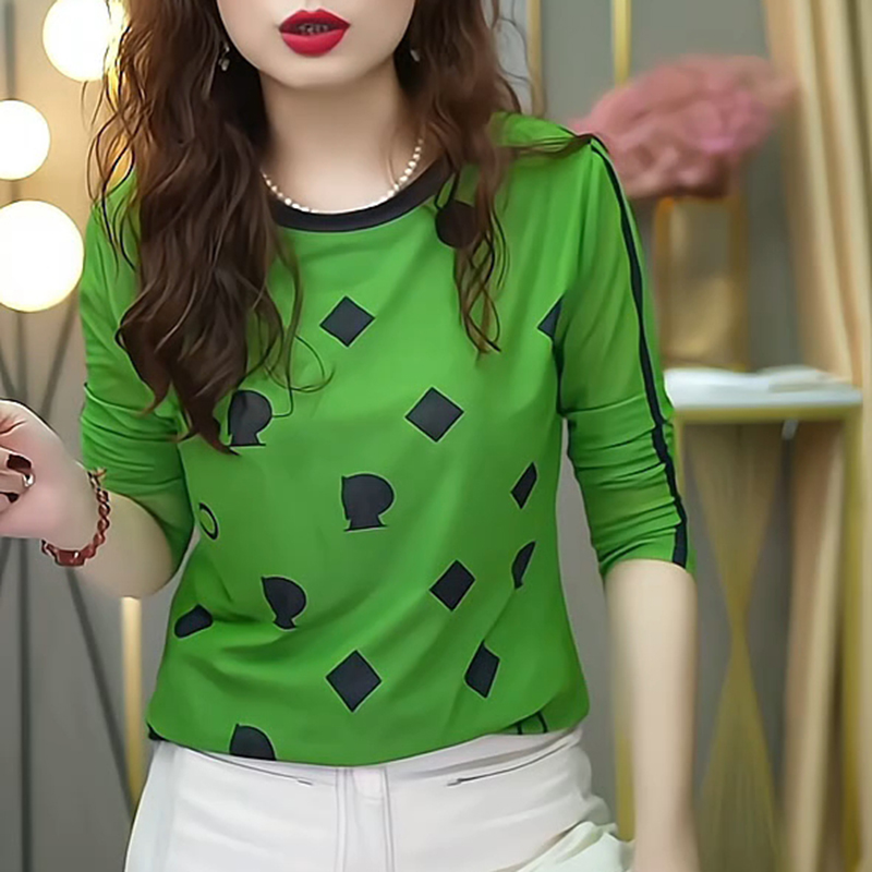 欧货网纱打底衫女2025秋冬新款时尚印花上衣洋气修身长袖T恤小衫