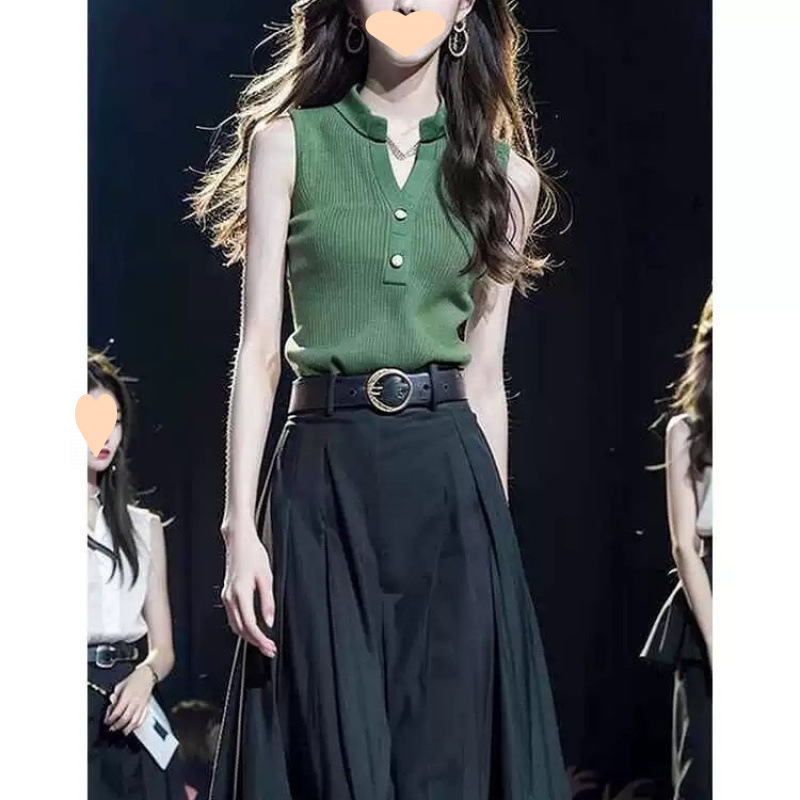 2024新款韩剧穿搭小香风气质高级感绿色背心上衣半身裙套装女夏季
