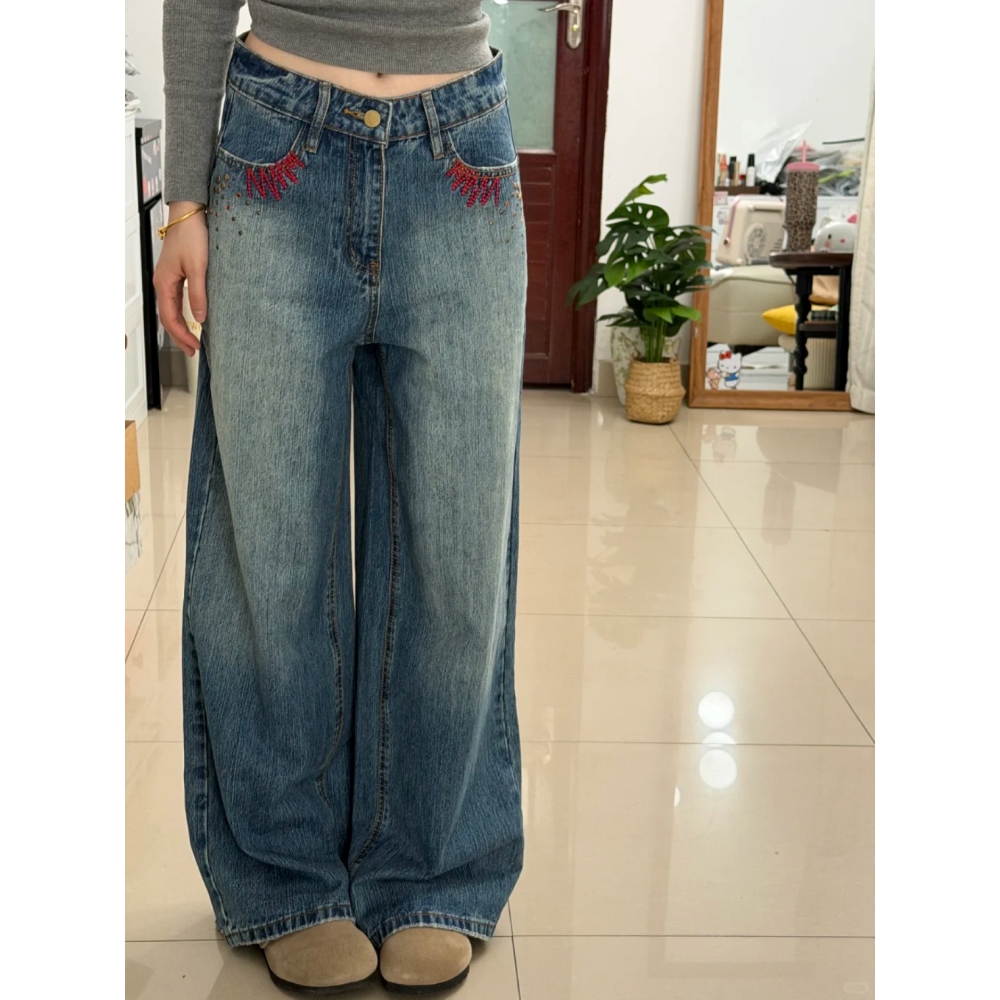 复古设计感刺绣重工阔腿裤女2025冬季烫钻宽松显瘦阔腿拖地牛仔裤