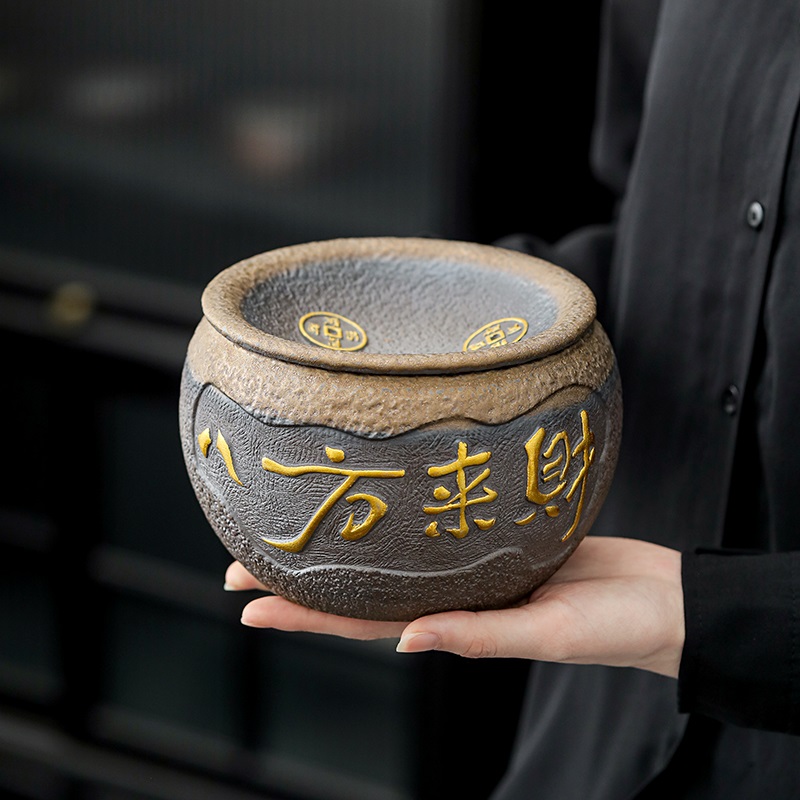 物姿粗陶建水茶渣缸复古风特大号过滤茶渣桶带盖陶瓷功夫茶洗水盂