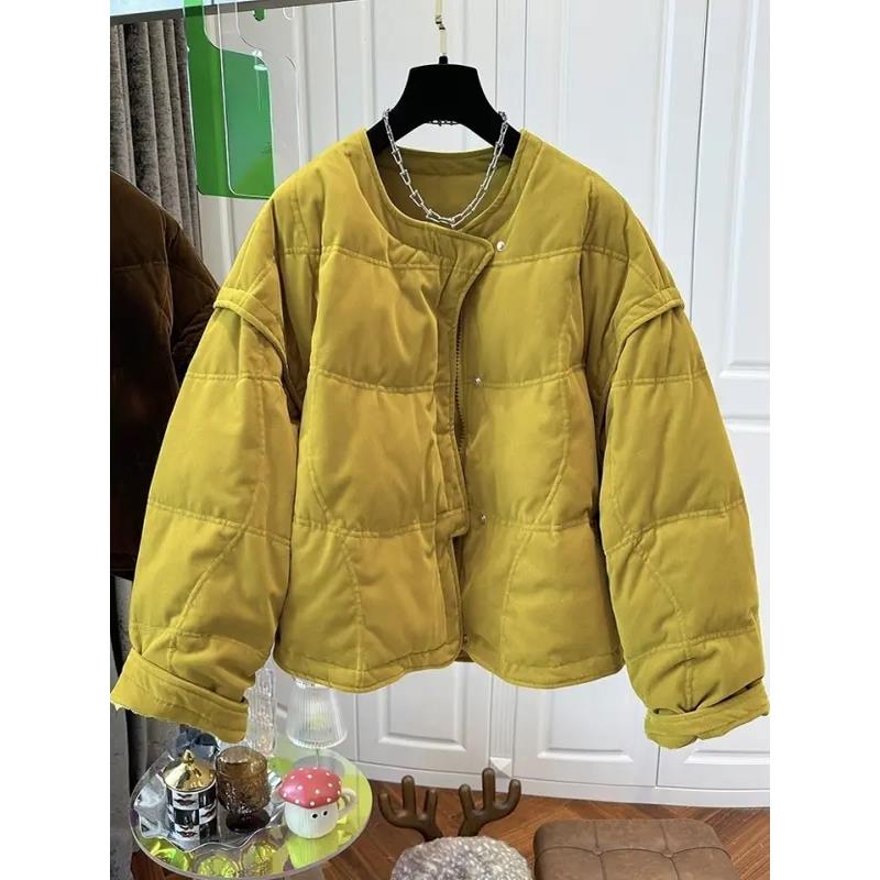 老钱风不规则圆领丝绒棉衣棉服女短外套保暖宽女学小个子收腰棉服