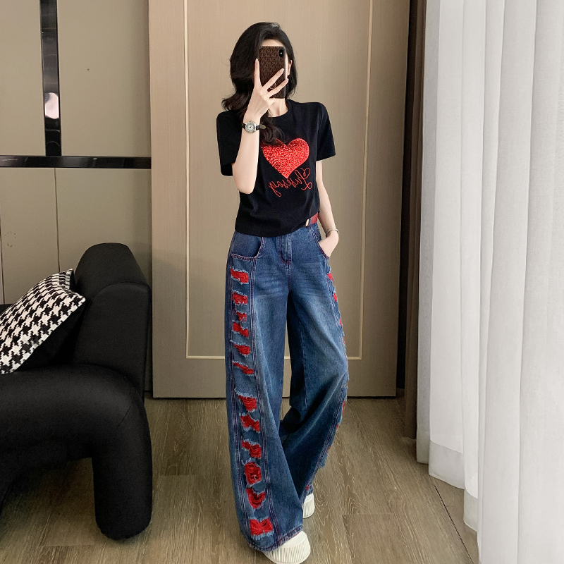 夏装新款黑色短款短袖T恤复古破洞阔腿牛仔裤休闲时尚两件套装女