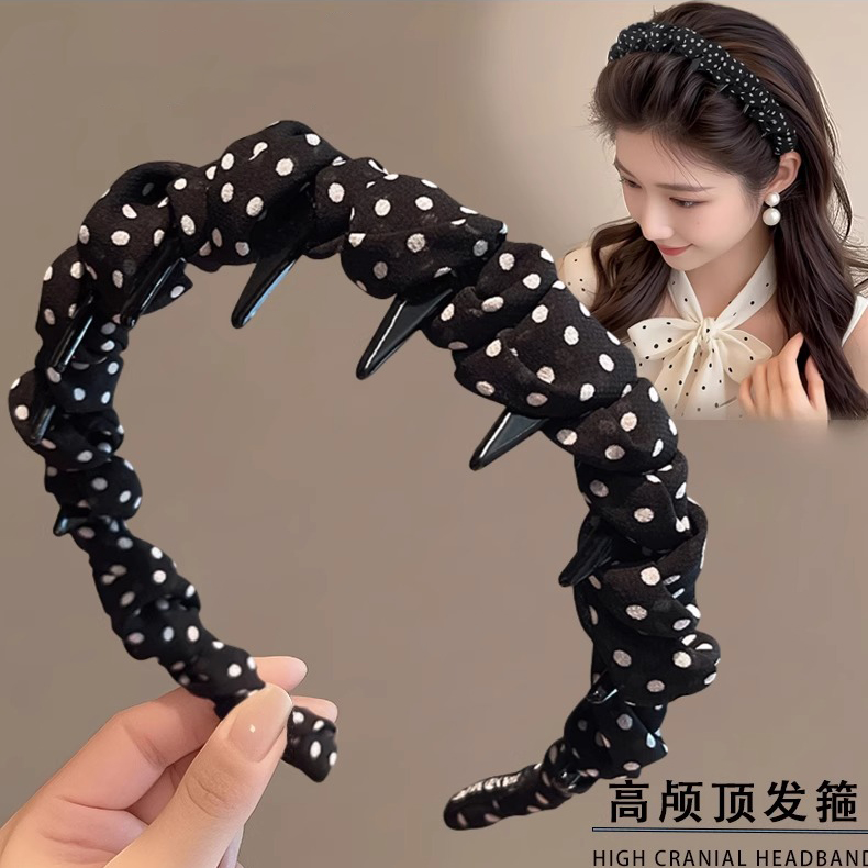 高颅顶绝美发箍黑色波点发卡带齿反戴蓬松显发量头箍复古头饰发捆