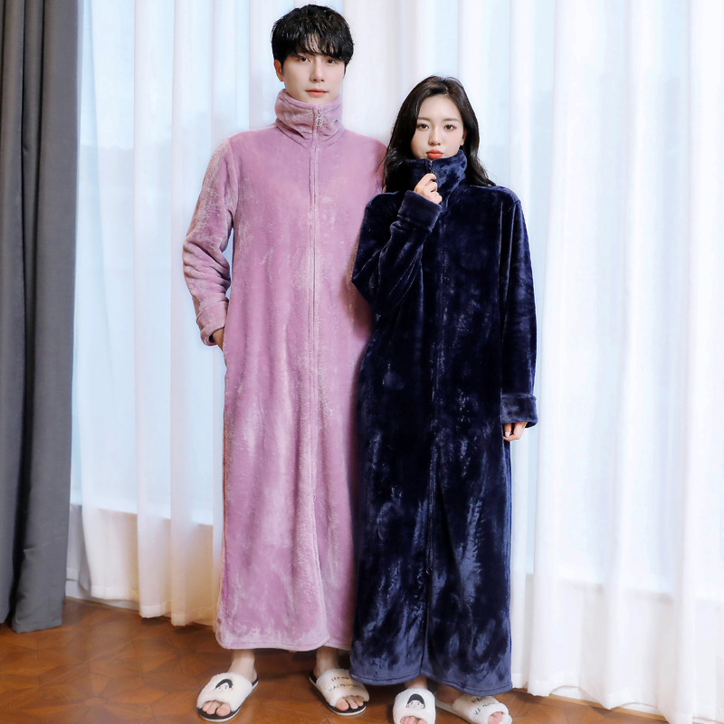 睡袍男秋冬加厚睡裙女春长款睡衣连体式拉链浴袍情侣双面绒居家裙