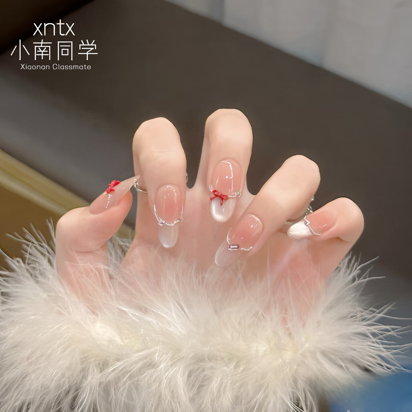 【羽蝶轻瞳】手工穿戴甲美甲蝴蝶结红色猫眼拍婚纱照甲片假指甲贴片