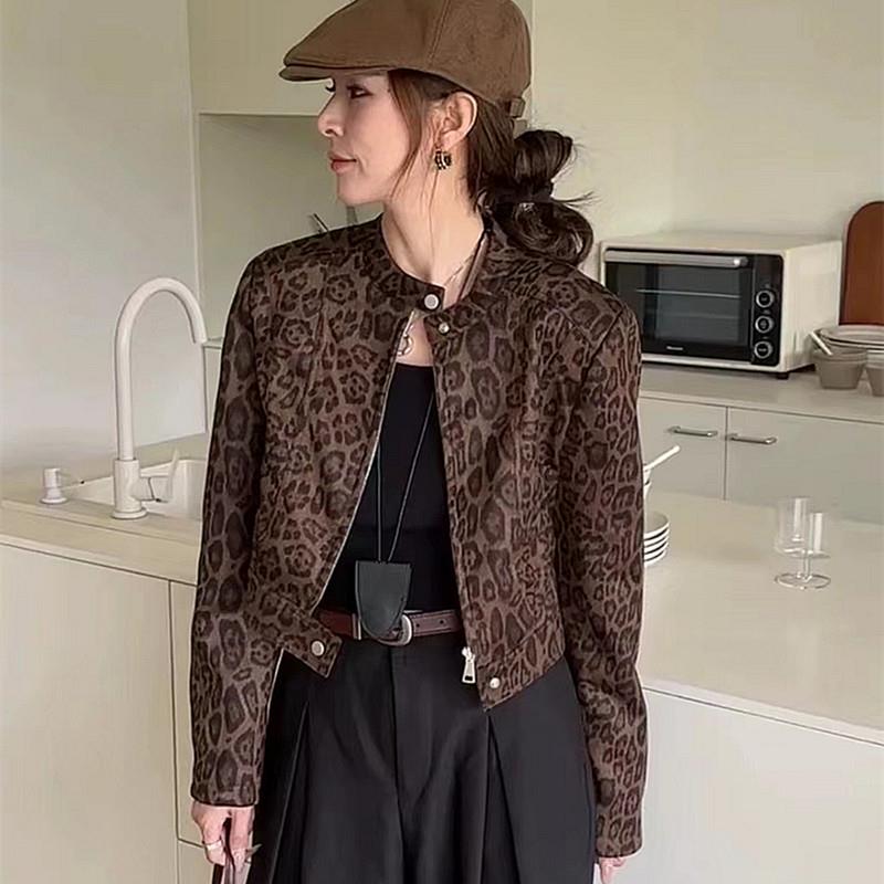 复古高级感豹纹立领拉链短外套女2025秋季新款时尚小个子夹克上衣