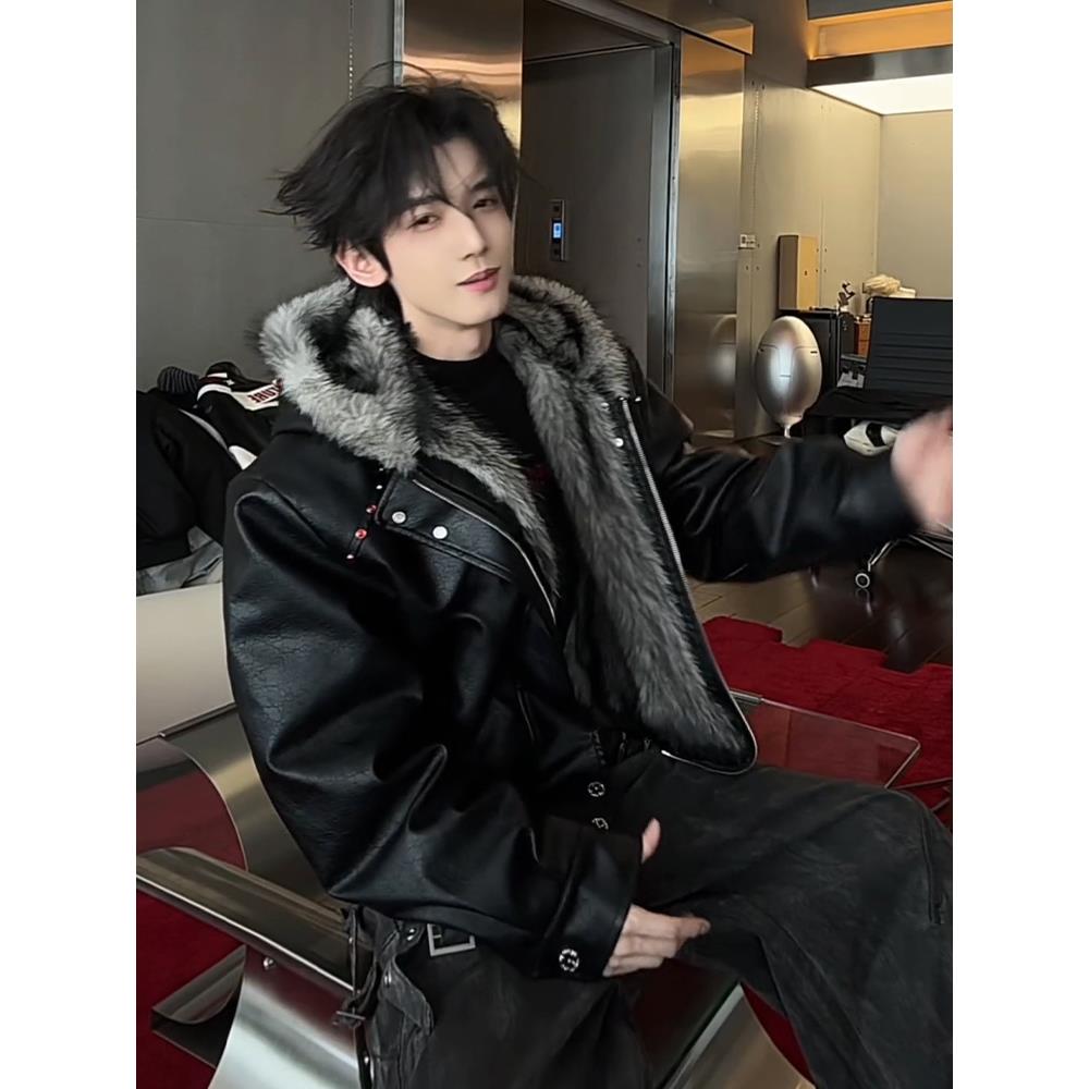 美式黑色连帽座山雕皮衣外套棉服男冬季加绒加厚痞帅毛领棉衣夹克