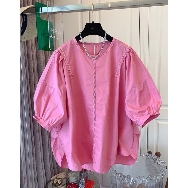 6597独特超好看法式气质粉色泡泡袖短袖衬衫宽松时尚大版上衣女