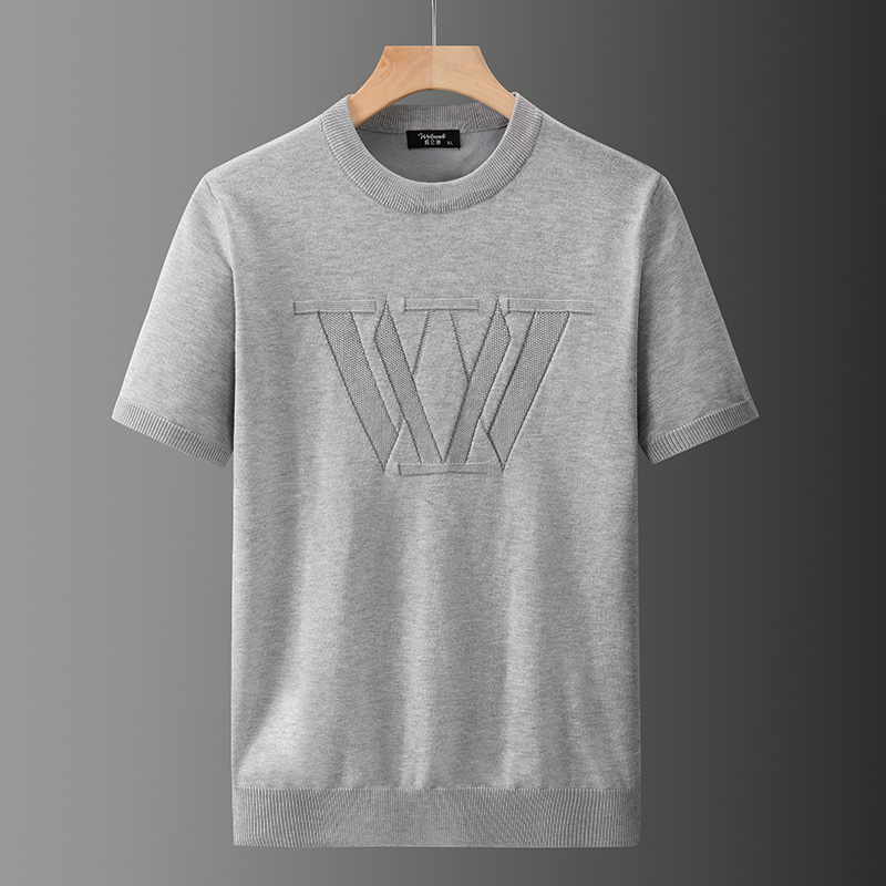 男士圆领秋冬大码短袖针织衫时尚潮流百搭T恤修身纯色提花打底衫