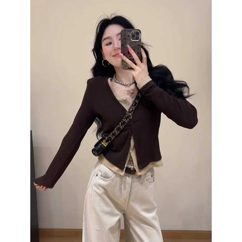 独特漂亮咖色V领假两件打底T恤女初春设计感短款内搭气质长袖上衣
