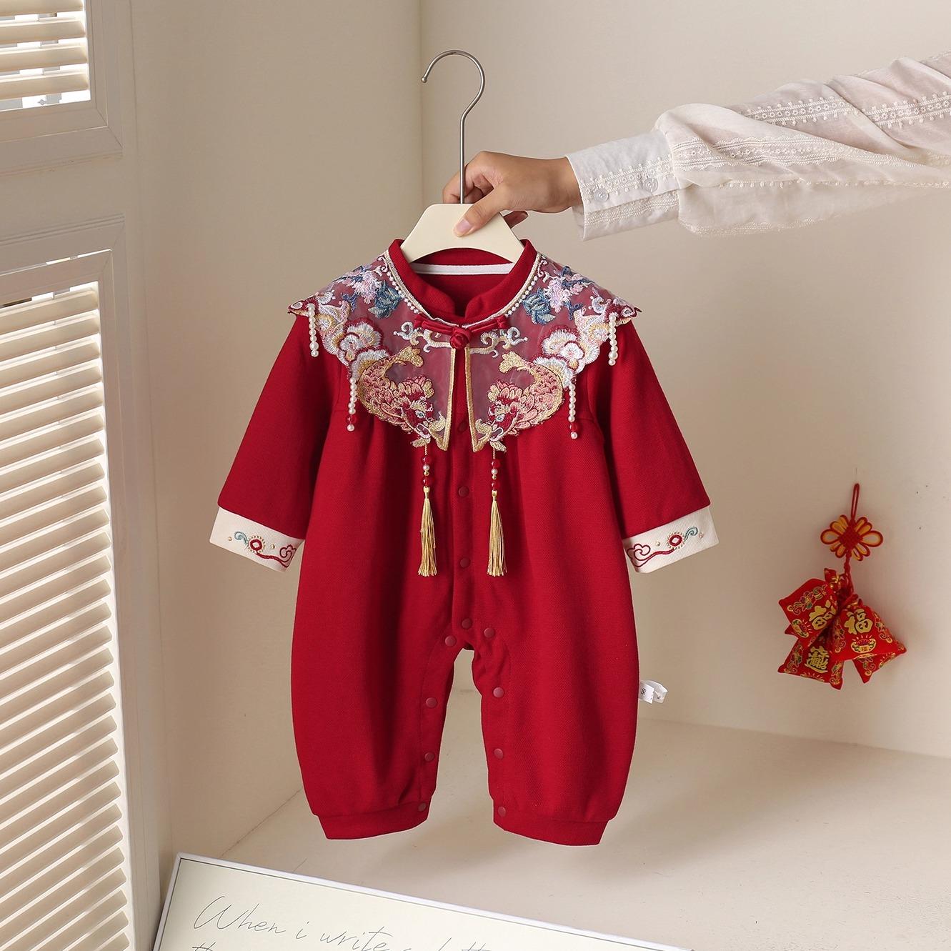 国风女宝宝秋装连体衣新生儿中式汉服旗袍婴儿满月百天周岁送礼服