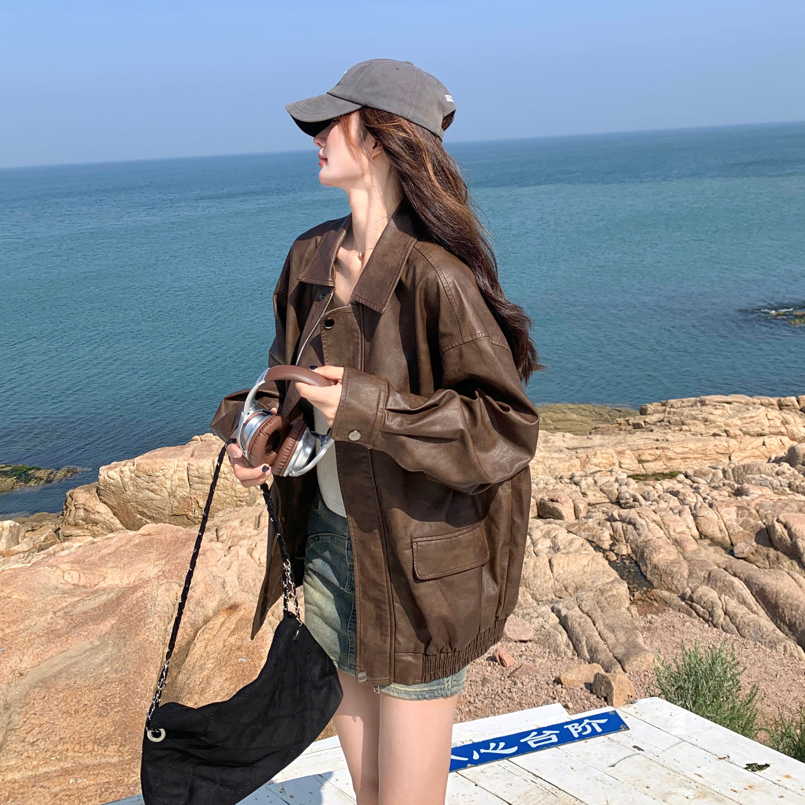 美式秋季小个子棕色皮衣外套女2025新款又酷又飒休闲宽松机车夹克