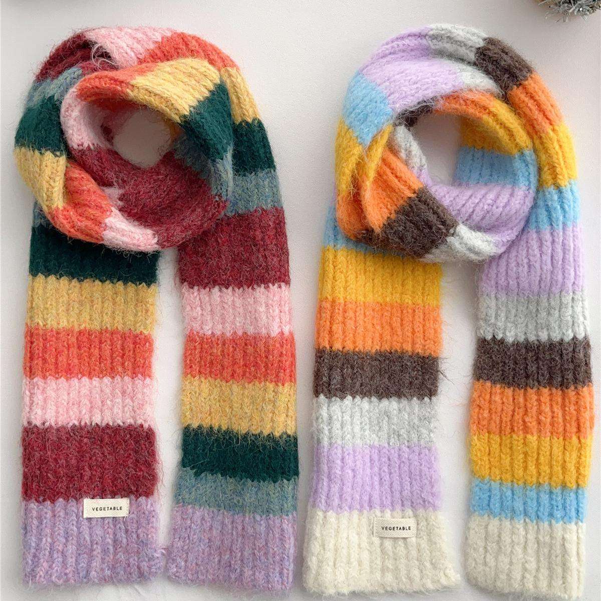 FAVMARTHA糖果色多巴胺彩色条纹针织围巾少女秋冬保暖百搭加厚护