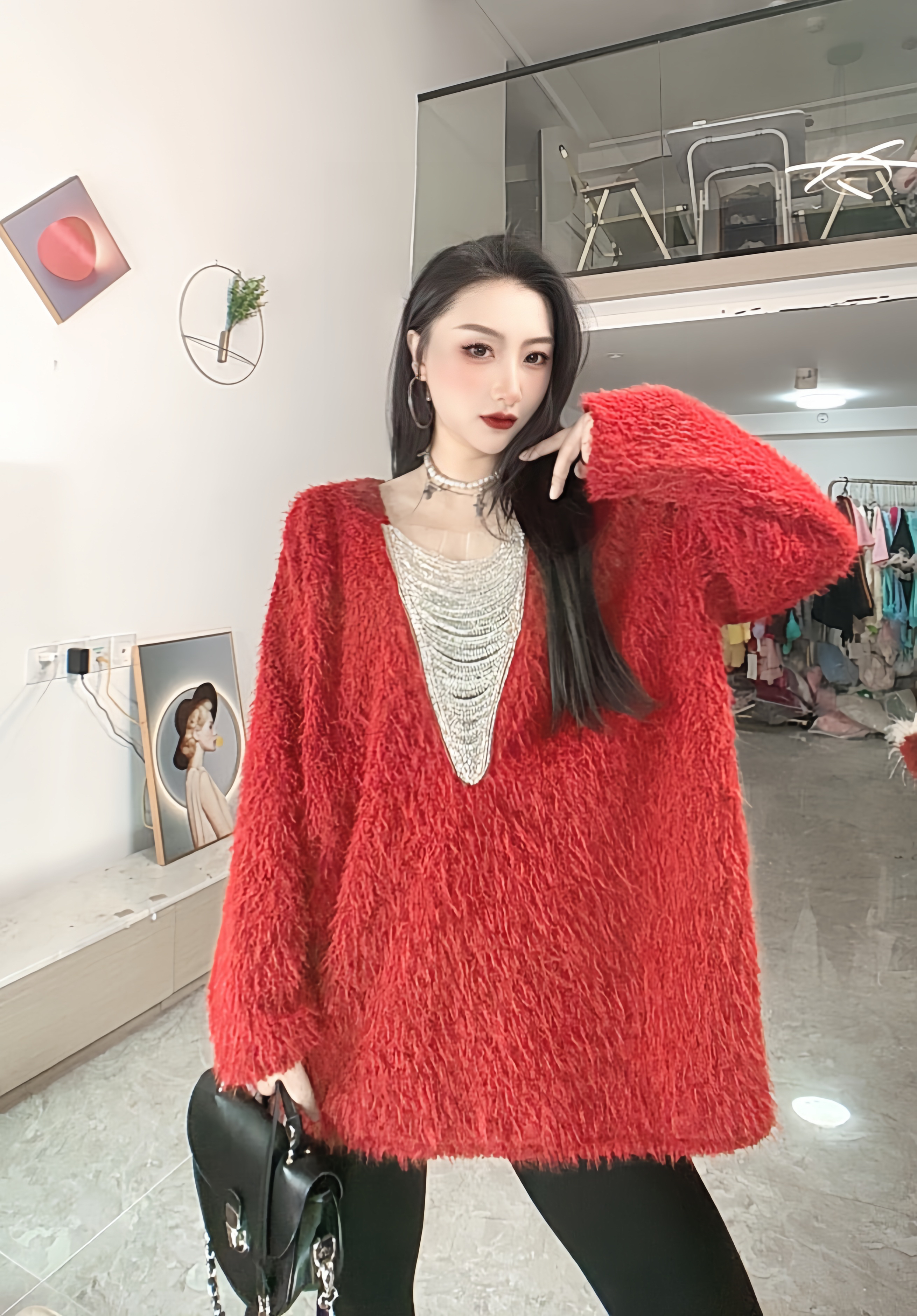 法式V领亮片重工设计感长袖上衣女冬季气质洋气宽松别致小衫