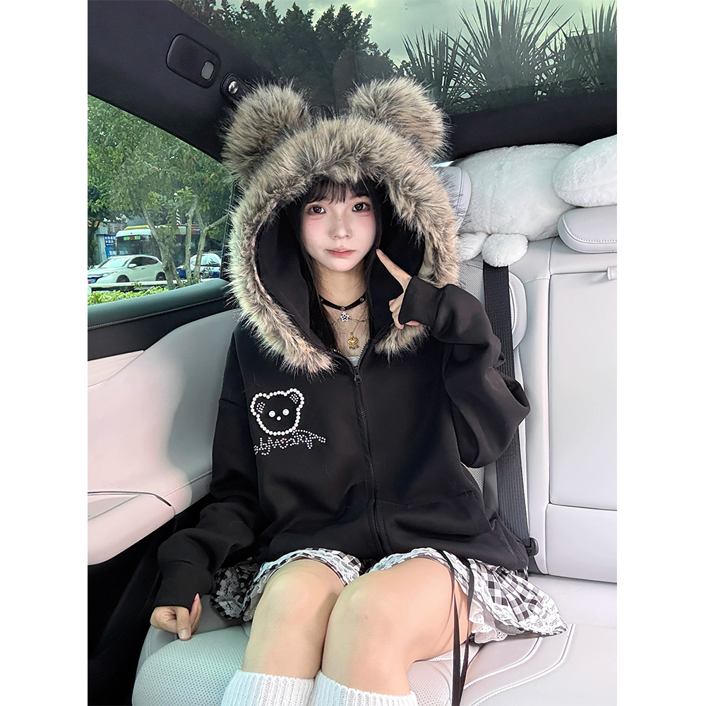 纯棉可拆毛领钉珠小熊耳朵开衫外套女秋冬加绒宽松慵懒风可爱上衣