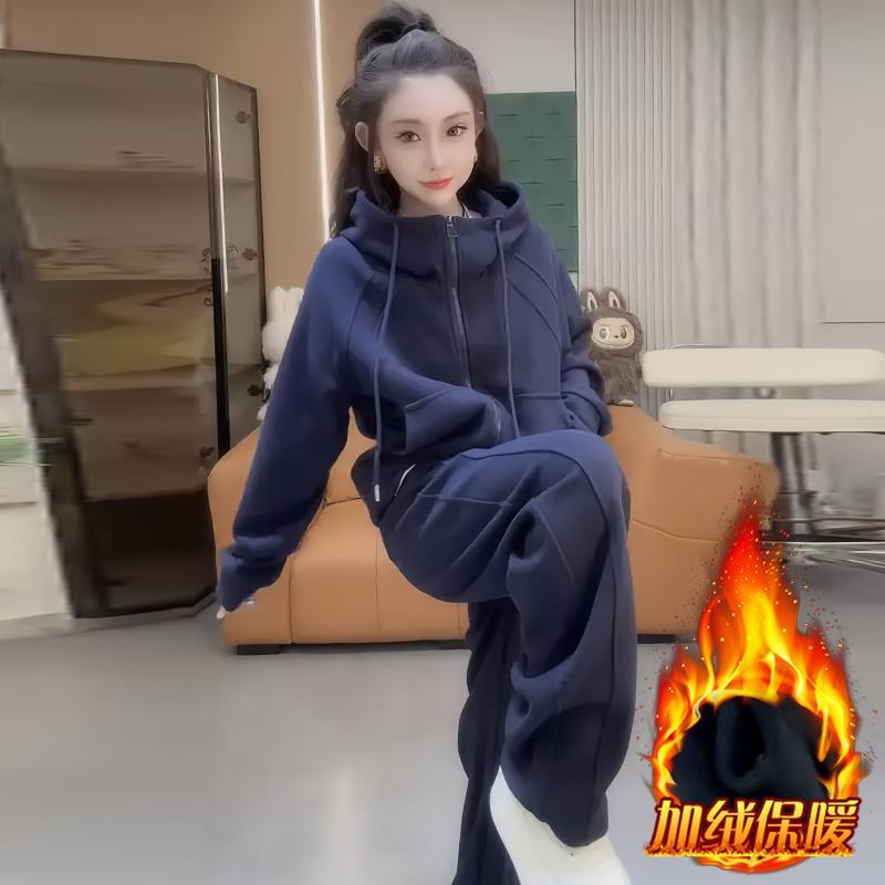 欧货加绒加厚卫衣宽松阔腿裤套装女2025冬季新款休闲上衣裤子套装