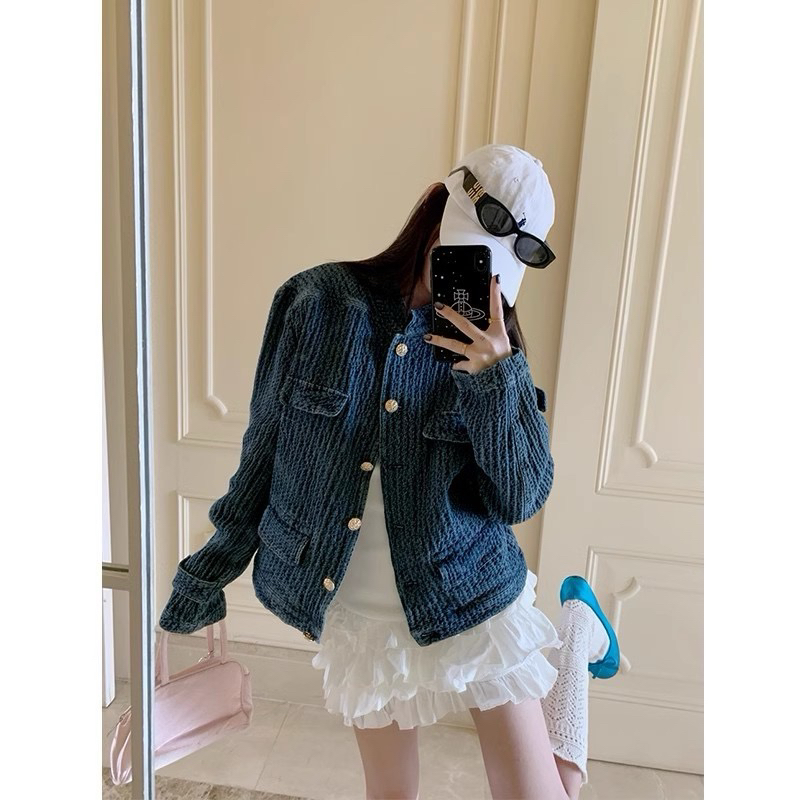 老钱调小众肌理感牛仔小香风外套女春新款H型