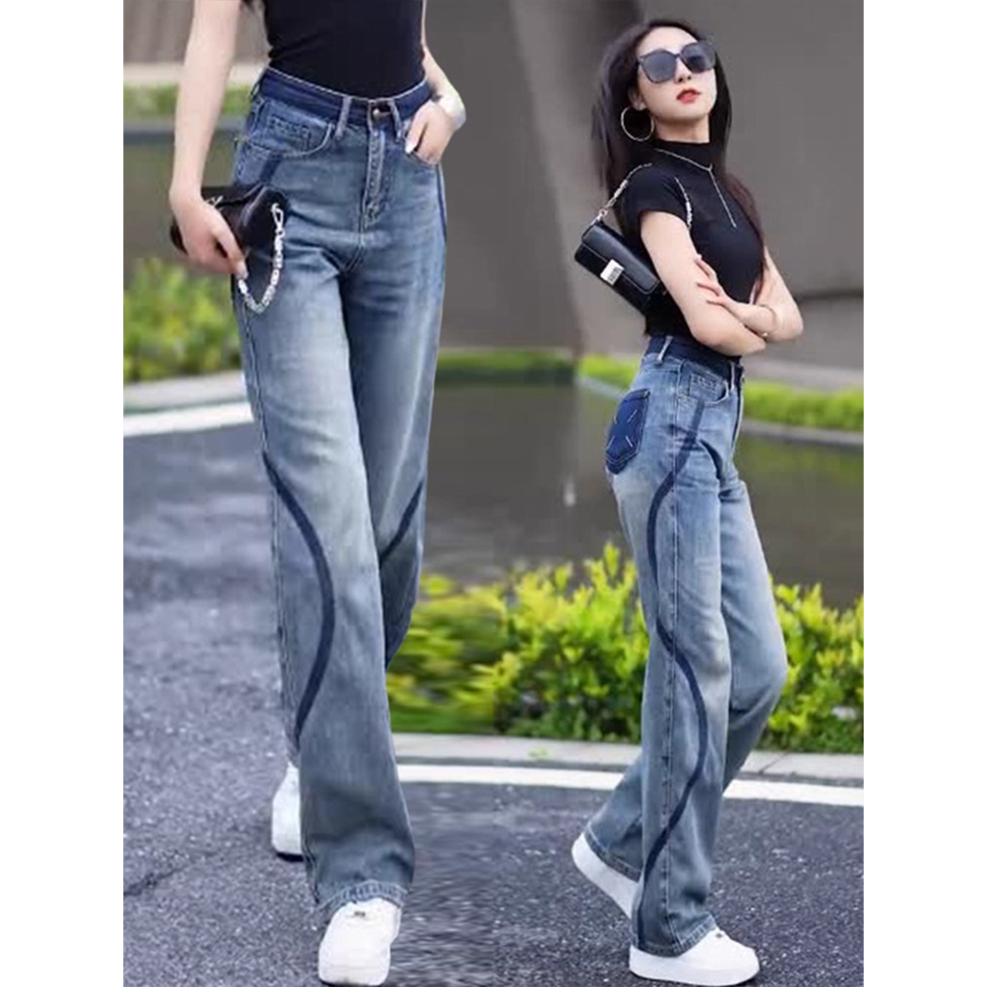 拉夏贝尔小个子窄版阔腿牛仔裤女秋冬2025高腰垂感时尚加绒直筒裤