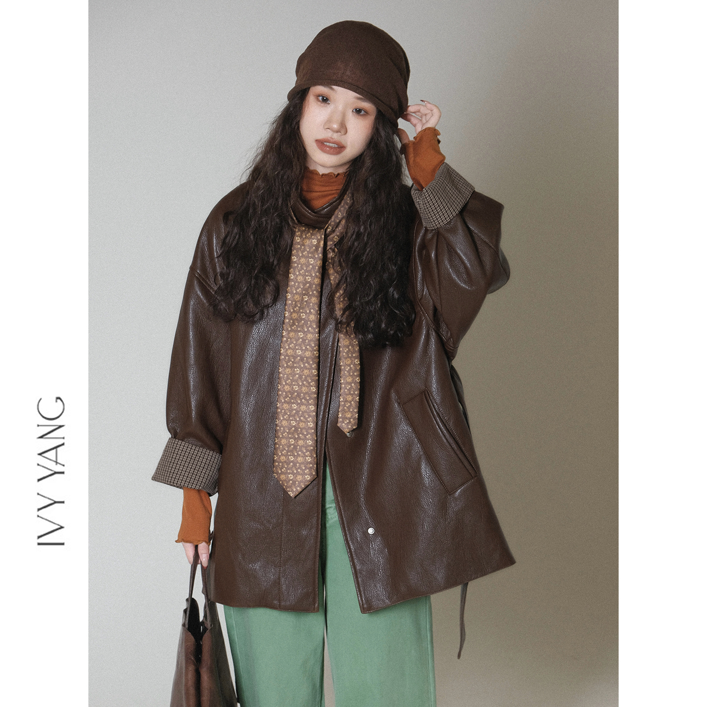 IVY YANG格子拼接袖咖色中长款皮衣外套