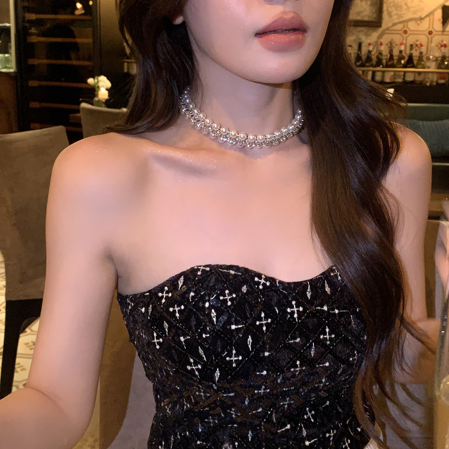 铜合金仿珍珠吊坠 闪锆串珠项链高级感小众气质锁骨链