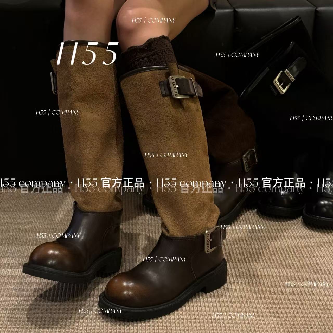 H55女鞋废土风直筒可调节帕带显瘦大腿围骑士靴高筒靴45-2870【N】